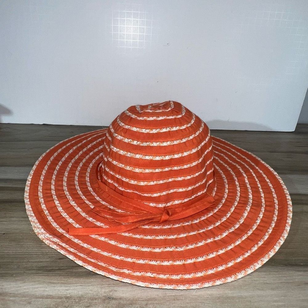 J Hats Wide Brim Straw Ribbon Sun Hat Orange Apricot & White Floppy Wire Brim